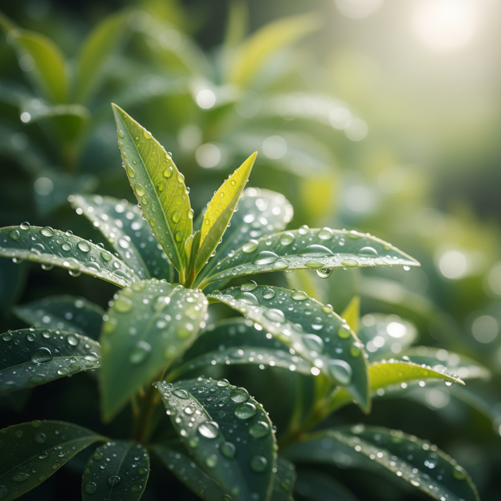 Макро снимка на свежи зелени листа и чиста вода